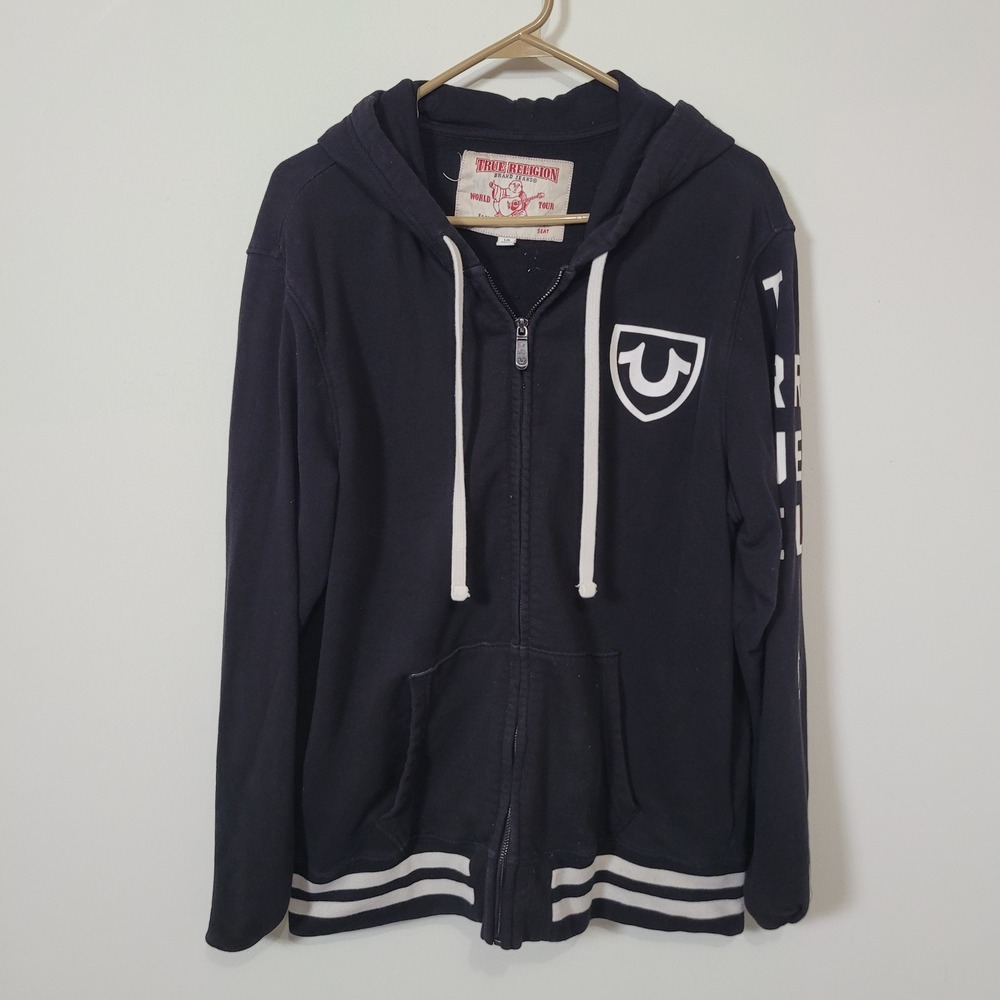 True Religion Large Zip Hoodie Mens Black White Horseshoe Graphic Logo Striped